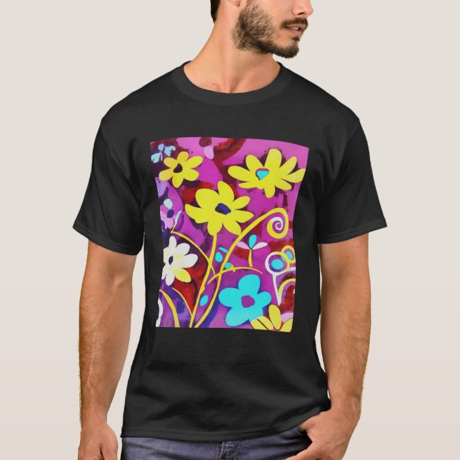 Abstract Yellow Flowers On Viva Magenta T-Shirt (Front)