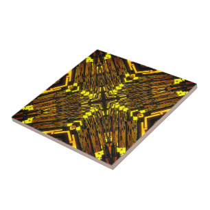 Abstract Yellow Green Black Fractal - Golden Ceramic Tile