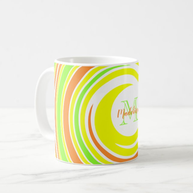 Abstract Yellow Green Orange Spiral Monogram Name Coffee Mug (Front Left)
