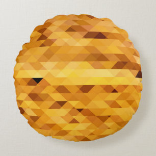 Abstract yellow orange digital mosaic polygonal te round cushion