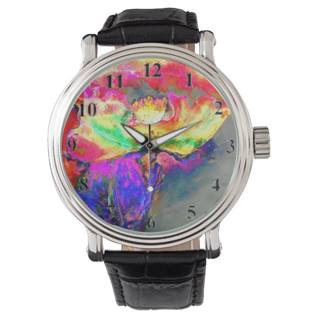 Abstract yellow pink watercolor floral painting  watch (Front)