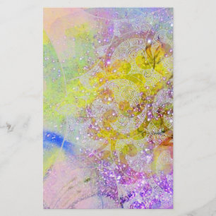 ABSTRACT YELLOW PURPLE WAVES ,FLORAL SWIRLS STATIONERY