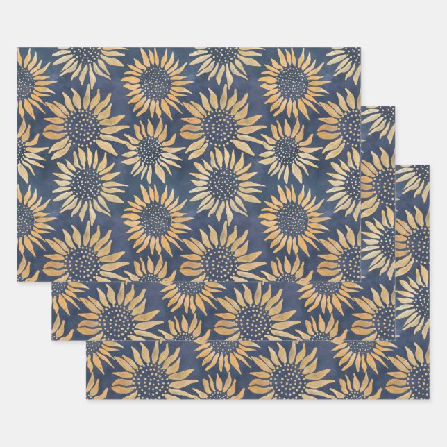 Abstract Yellow Sunflowers on Blue Wrapping Paper Sheet (Set)