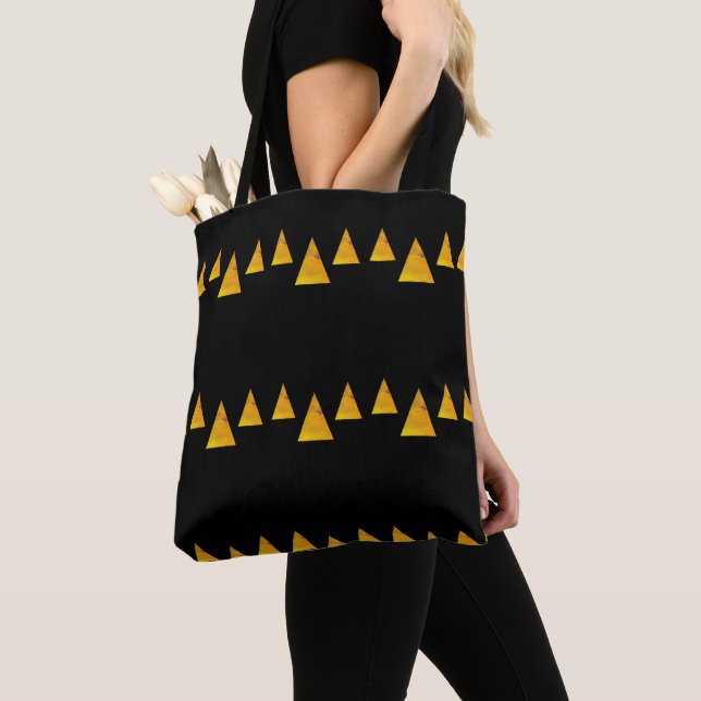 Abstract yellow triangles on black tote bag (Close Up)