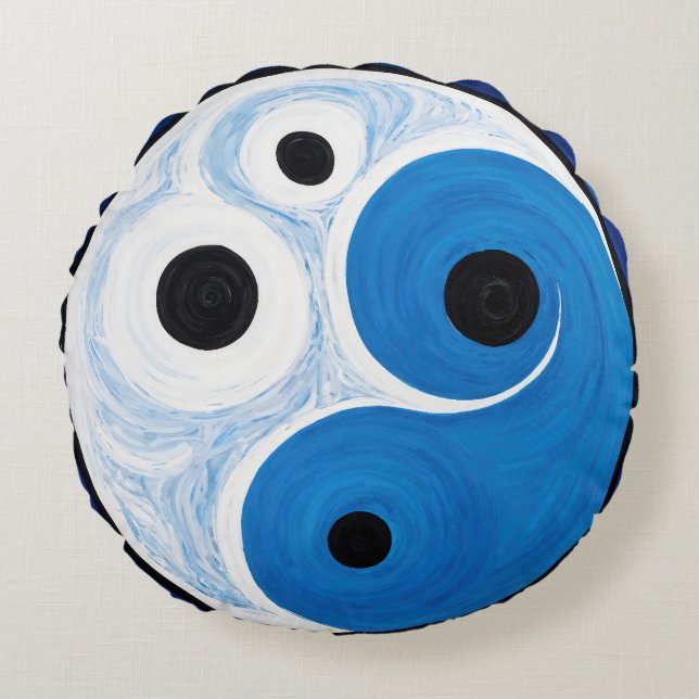 Abstract Yin Yang: Modernist Blue & White  Round Cushion (Front)