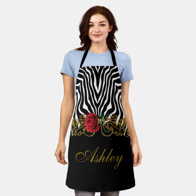 Abstract Zebra Flower Red Black White Gold         Apron (Worn)