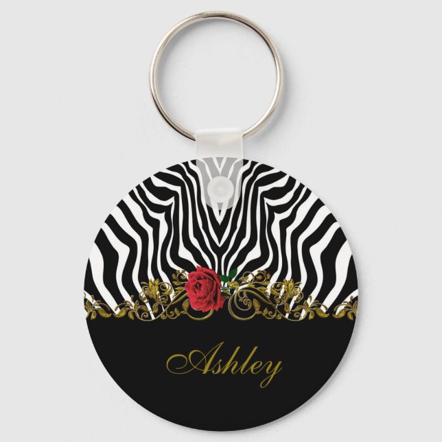 Abstract Zebra Flower Red Black White Gold         Key Ring (Front)