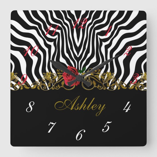 Abstract Zebra Flower Red Black White Gold         Square Wall Clock (Front)