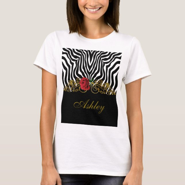 Abstract Zebra Flower Red Black White Gold         T-Shirt (Front)