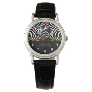 Abstract Zebra Flower Red Black White Gold Watch