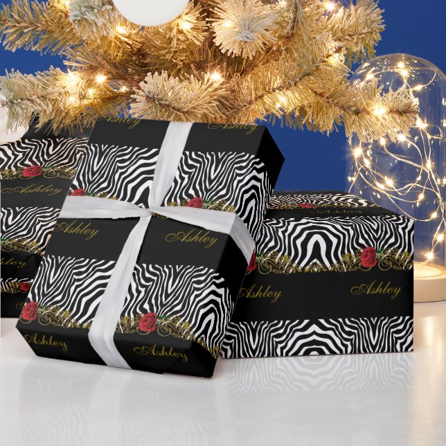 Abstract Zebra Flower Red Black White Gold         Wrapping Paper (Holidays)