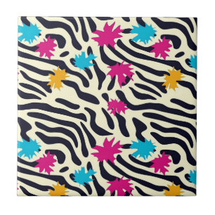 Abstract Zebra Stripes with Leaf Paint Splash Ceramic Tile