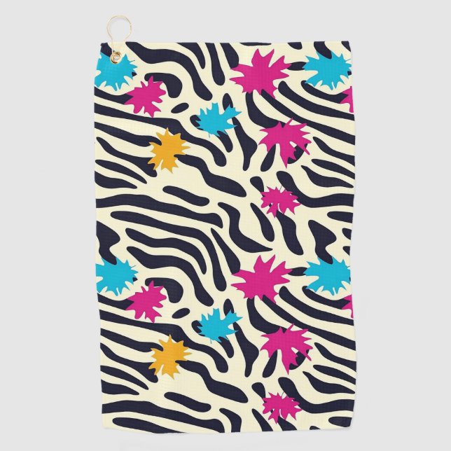 Abstract Zebra Stripes with Leaf Paint Splash Golf Towel (Front)