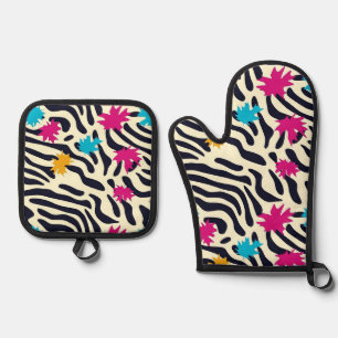 Abstract Zebra Stripes with Leaf Paint Splash Oven Mitt & Pot Holder Set