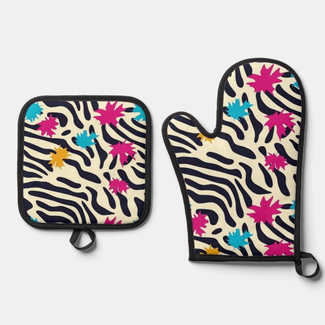 Abstract Zebra Stripes with Leaf Paint Splash Oven Mitt & Pot Holder Set (Front)