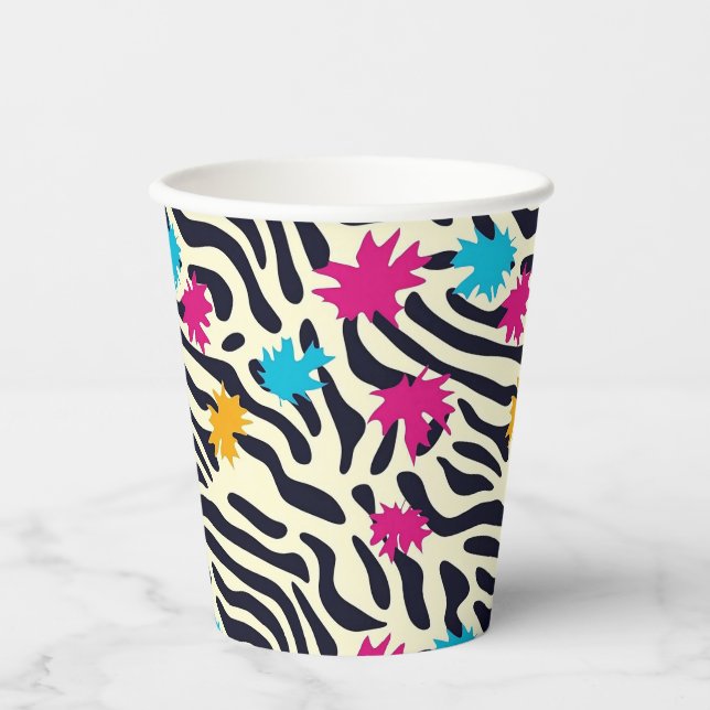 Abstract Zebra Stripes with Leaf Paint Splash Paper Cups (Front)