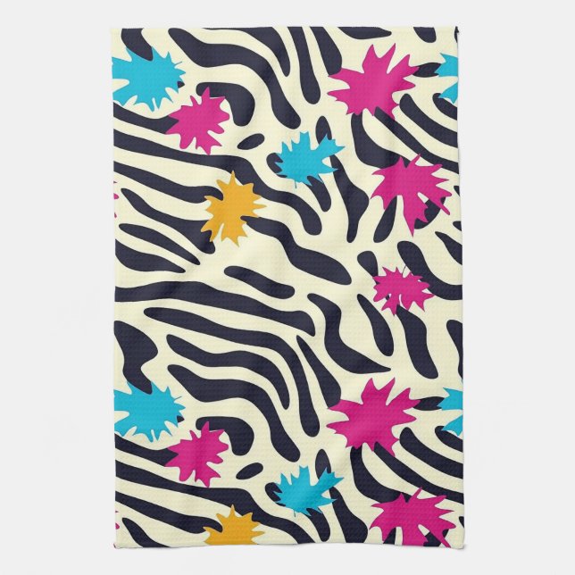 Abstract Zebra Stripes with Leaf Paint Splash Tea Towel (Vertical)