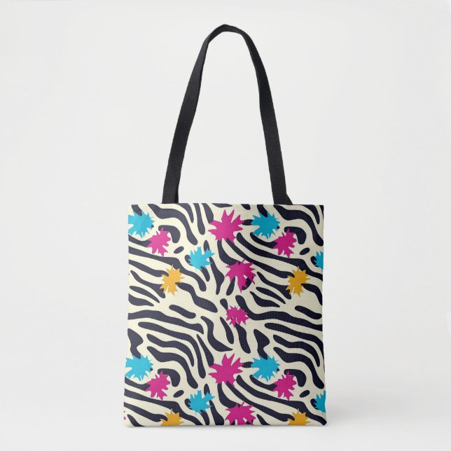 Abstract Zebra Stripes with Leaf Paint Splash Tote Bag (Front)
