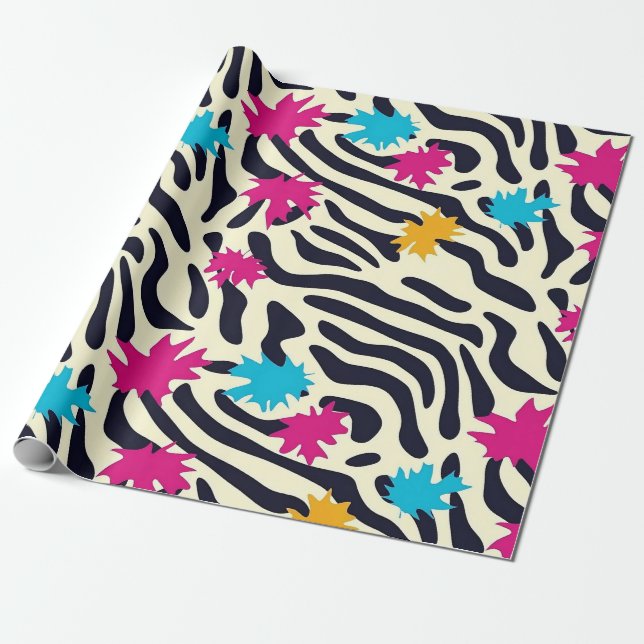 Abstract Zebra Stripes with Leaf Paint Splash Wrapping Paper (Unrolled)