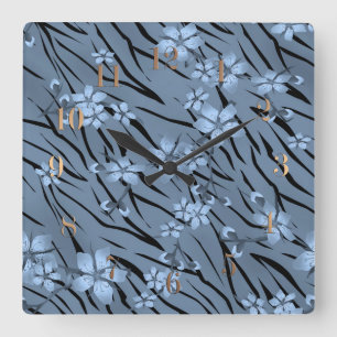 Abstract zebra tiger skin leather blooming flowers square wall clock