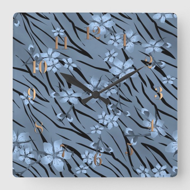Abstract zebra tiger skin leather blooming flowers square wall clock (Front)