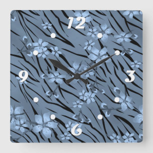 Abstract zebra tiger skin leather blooming flowers square wall clock