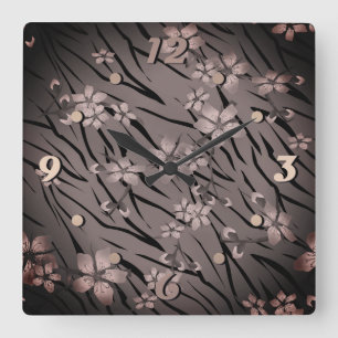 Abstract zebra tiger skin leather blooming flowers square wall clock