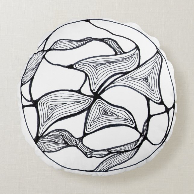 Abstract Zen Design with Black and White Flower Round Cushion (Front)