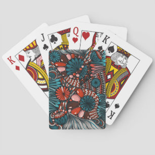 Abstract Zentangle Teal and Coral Red Playing Card