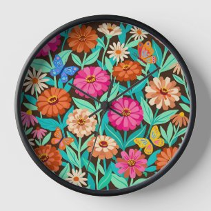 Abstract Zinnias Butterflies Garden Art Clocks