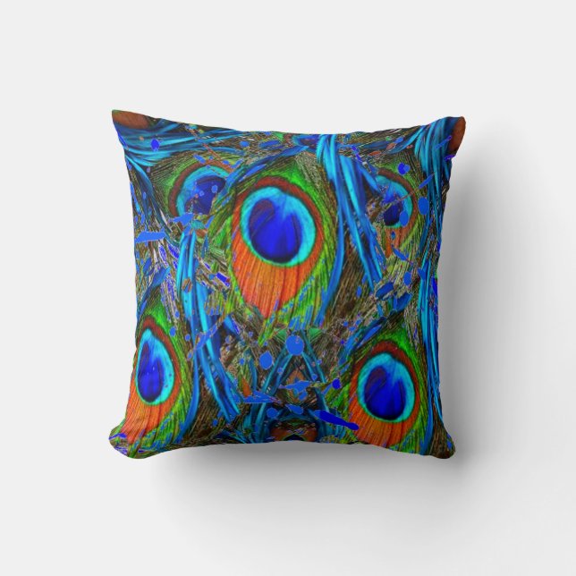 ABSTRACTED BLUE PEACOCK FEATHERS ART CUSHION (Front)