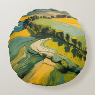 Abstraction Agricultural Area and Green Wavy Field Round Cushion