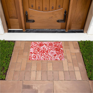 Abtract Red Floral Watercolor Botanical Garden Doormat