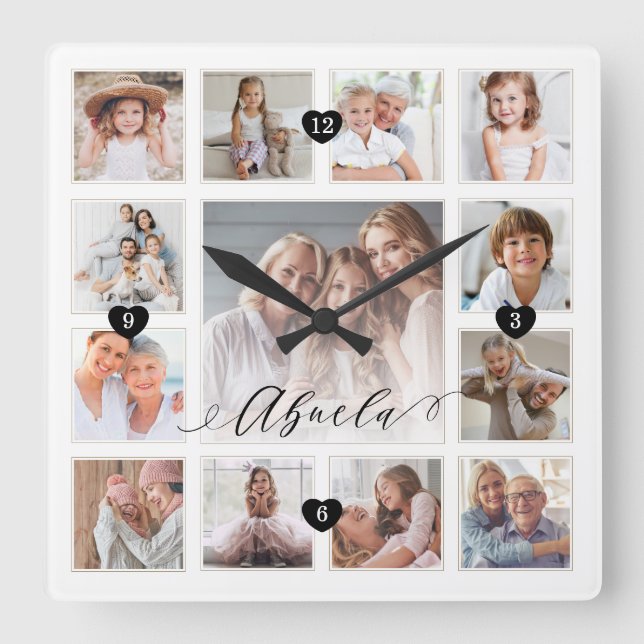Abuela Script Family Memory Photo Grid Collage Square Wall Clock (Front)