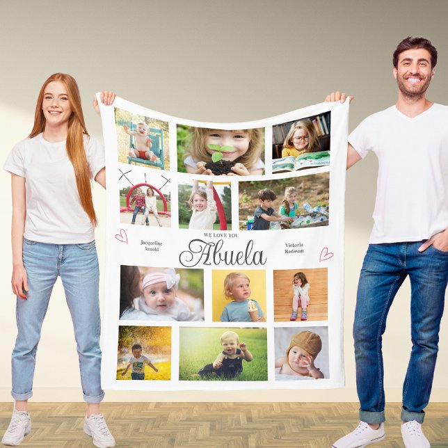 Abuela We Love You Personalised Hearts Modern Fleece Blanket (Abuela custom fleece blanket with favorite photos and custom text.)