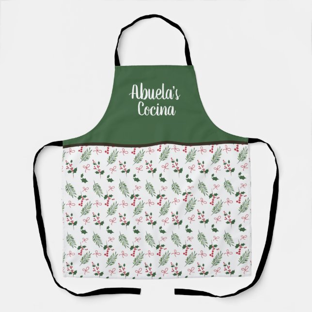 Abuela's Cocina Holly Christmas Baking Grandma Apron (Front)