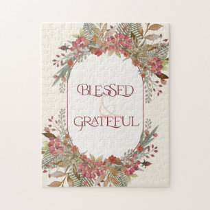 Abundant fall floral Blessed Grateful Thanksgiving Jigsaw Puzzle