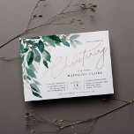 Abundant Foliage | Christening<br><div class="desc">Elegant christening or baptism invitation for your little girl features watercolor eucalyptus leaves and green foliage cascading from the upper left corner,  embellished with rose gold foil accents. Personalize with your christening ceremony and celebration details aligned at the right. Cards reverse to solid forest green.</div>