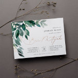 Abundant Foliage | Green Botanical Bar Mitzvah<br><div class="desc">Elegant gender neutral bar mitzvah invitation features watercolor eucalyptus leaves and green foliage cascading from the upper left corner,  embellished with rose gold foil accents. Personalise with your temple ceremony and celebration details aligned at the right. Cards reverse to solid forest green.</div>