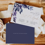 Abundant Foliage | Violet Botanical Bat Mitzvah<br><div class="desc">Elegant bat mitzvah invitation features blue and purple watercolor leaves and foliage cascading from the upper left corner,  embellished with rose gold foil accents. Personalise with your temple ceremony and celebration details aligned at the right.</div>