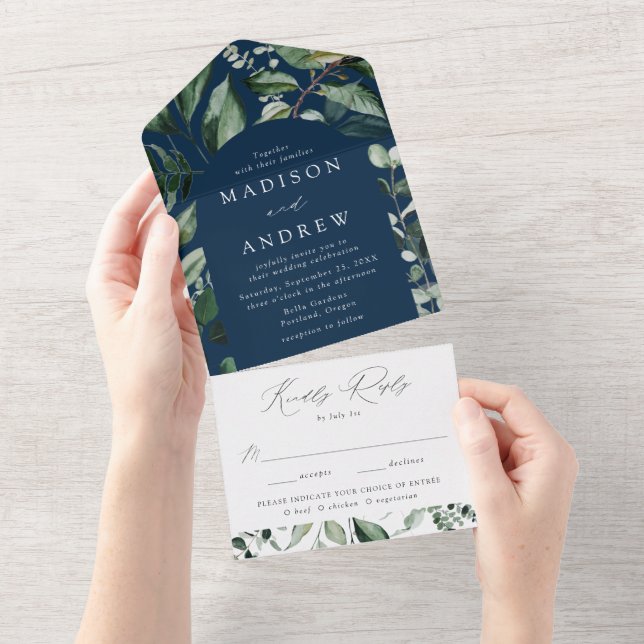 Abundant Greenery Arch Navy Wedding All In One Invitation (Tearaway)