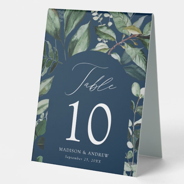 Abundant Greenery Arch Navy Wedding Table Number (Front)