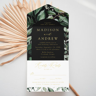 Abundant Greenery Black Arch Frame Foil Wedding All In One Invitation