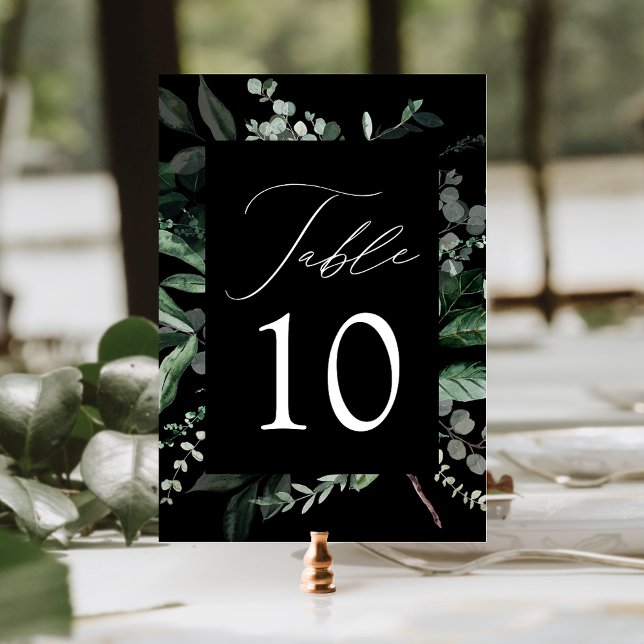 Abundant Greenery Black Wedding Table Number Card (Creator Uploaded)