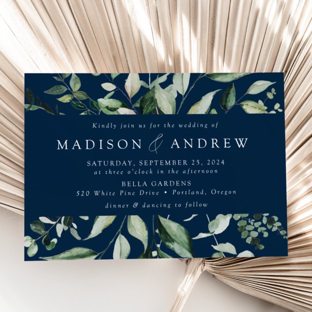 Abundant Greenery Frame Navy Wedding Invitation (Creator Uploaded)