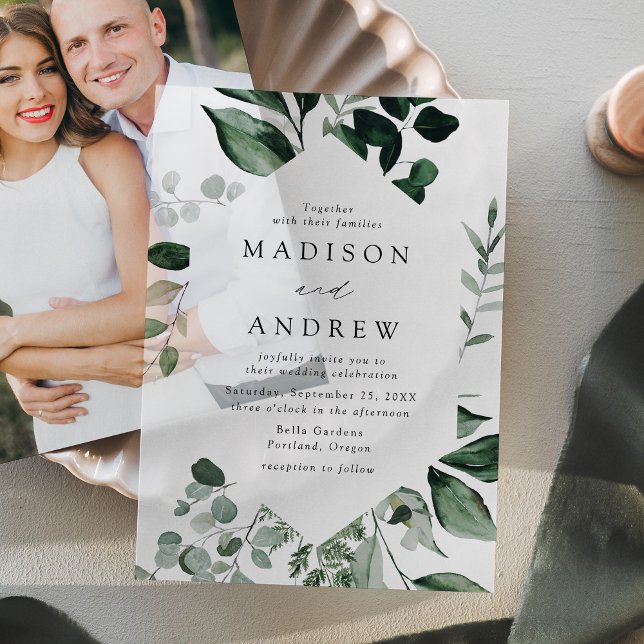 Abundant Greenery Geometric Frame Wedding Vellum Invitations (Creator Uploaded)