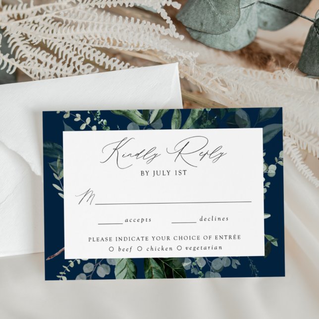 Abundant Greenery Navy Meal Choice Wedding RSVP Card (Creator Uploaded)