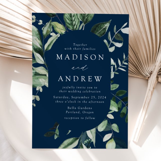 Abundant Greenery Navy Oval Frame Wedding Invitation (Creator Uploaded)