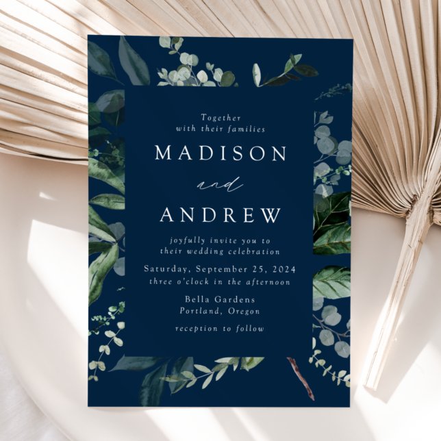 Abundant Greenery Navy Wedding Invitation (Creator Uploaded)