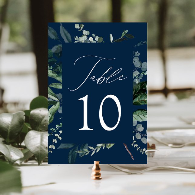 Abundant Greenery Navy Wedding Table Number Card (Creator Uploaded)